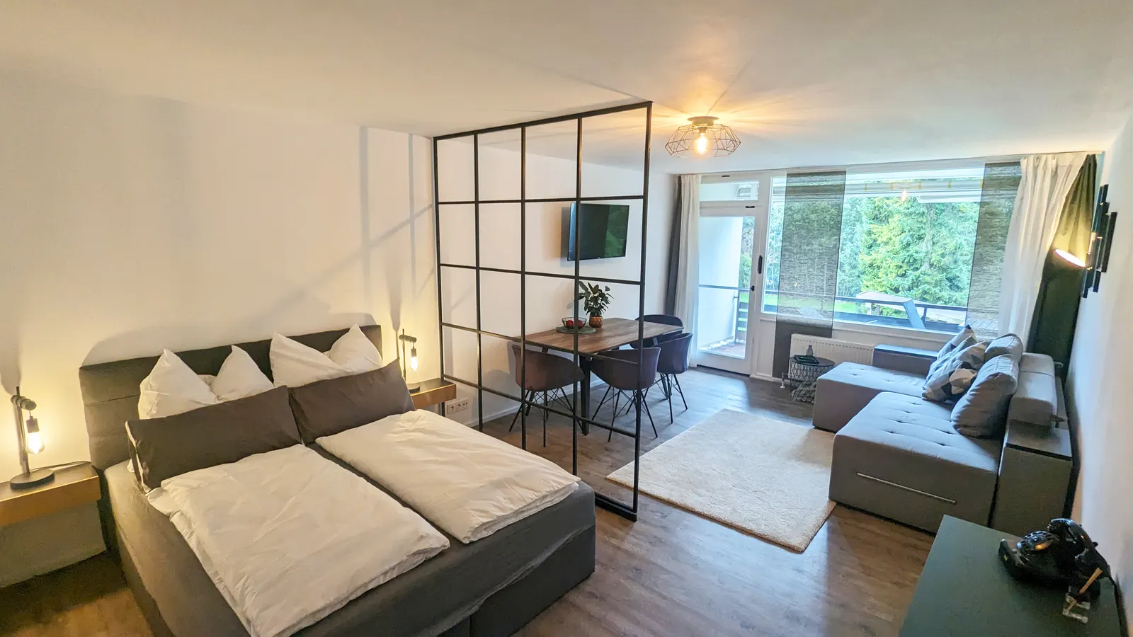 Open sleeping and living area with room divider